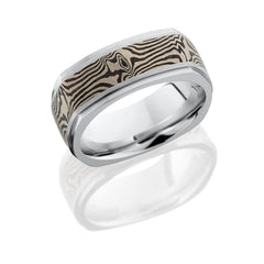 Cobalt Chrome 8.5mm Flat EuroSquare Band with Grooved Edges and 5mm 14K White Gold and Shakudo Mokume inlay