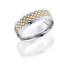 Cobalt Chrome 8mm Flat Band with Beveled Edges, 2mm 14K Yellow Gold inlay and Laser Carved Celtic Pattern