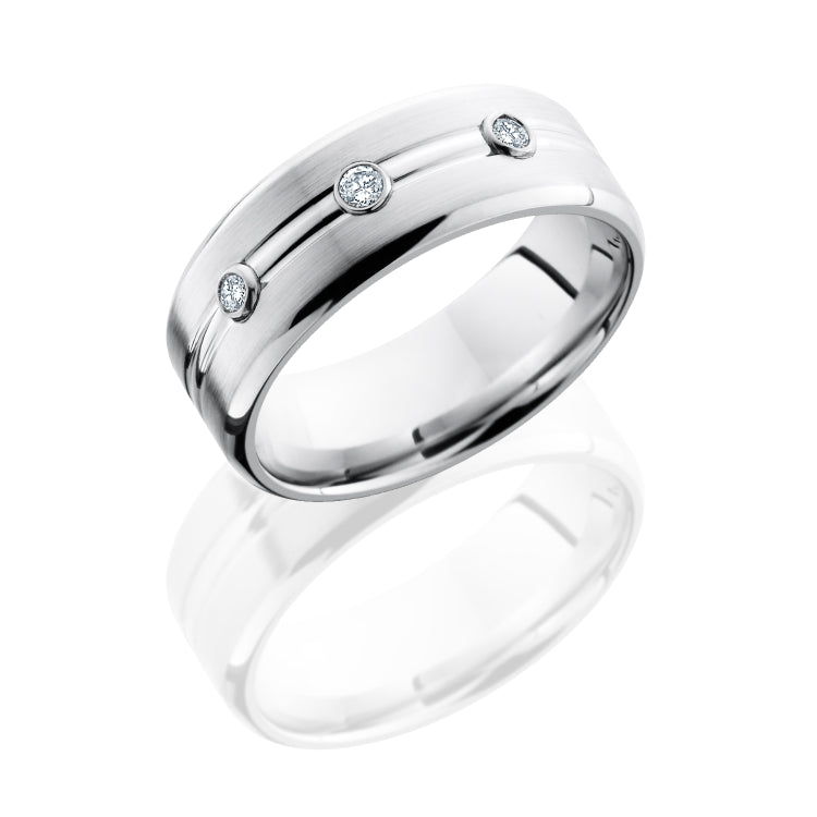 Cobalt Chrome 8mm Domed Band with beveled Edges and Three Bezel Set .05ct White Round Diamonds