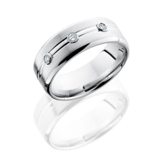 Cobalt Chrome 8mm Domed Band with beveled Edges and Three Bezel Set .05ct White Round Diamonds