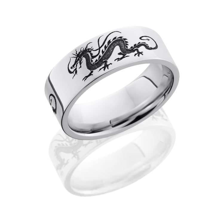 Cobalt Chrome 8mm Flat Band with Customized Laser Carved Dragon Pattern