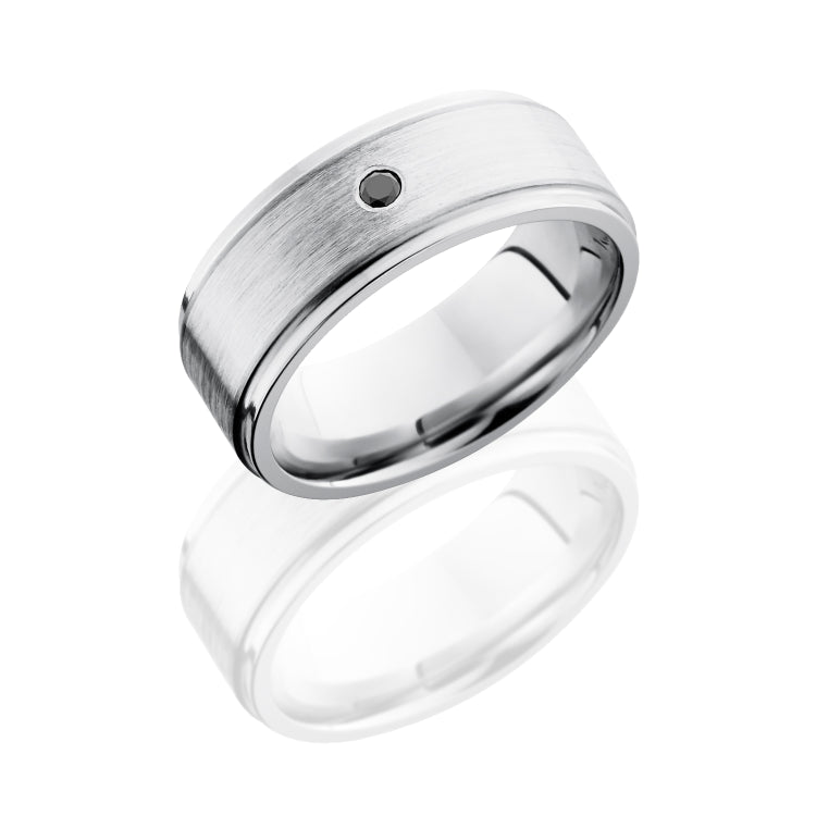 Cobalt Chrome 8mm Flat Band with Grooved Edges, 5mm SS, and Flush Set .03ct Black Round Diamond