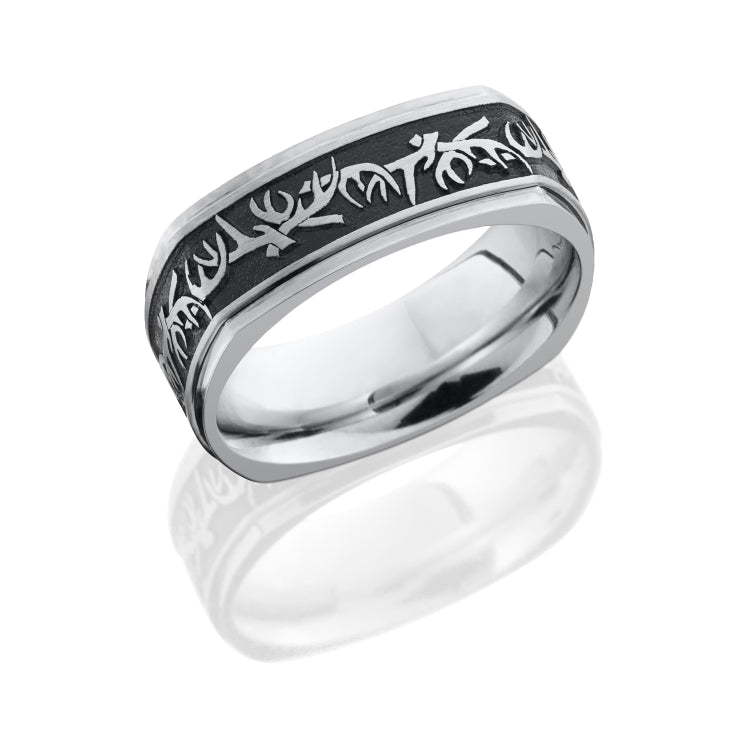 Cobalt Chrome 8mm Flat EuroSquare Band with Grooved Edges and Laser Carved Antler Pattern