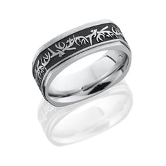 Cobalt Chrome 8mm Flat EuroSquare Band with Grooved Edges and Laser Carved Antler Pattern