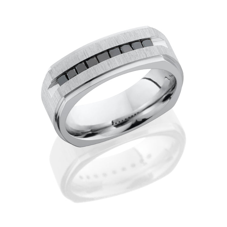Cobalt Chrome 8mm square band with grooved edges and 9 channel set black diamonds
