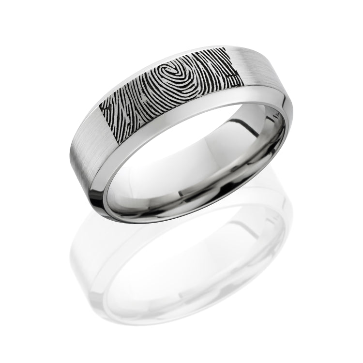 Cobalt Chrome 8mm Flat Band with High Beveled Edges and Customized Laser Carved Fingerprint