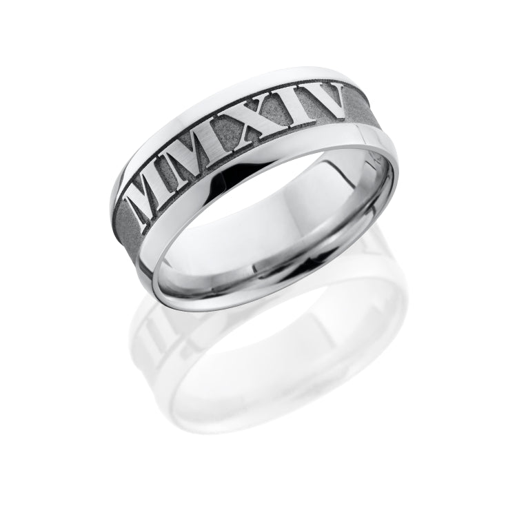 Cobalt Chrome 8mm wide beveled band with customized laser carved Roman Numerals