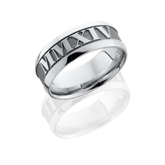 Cobalt Chrome 8mm wide beveled band with customized laser carved Roman Numerals