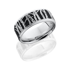 Cobalt Chrome 9mm flat band with grooved edges and laser carved Aspen pattern