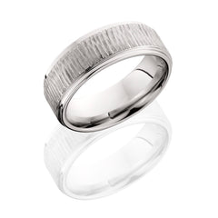 Cobalt Chrome 8mm flat band with grooved edges and a Treebark 1 Brush finish