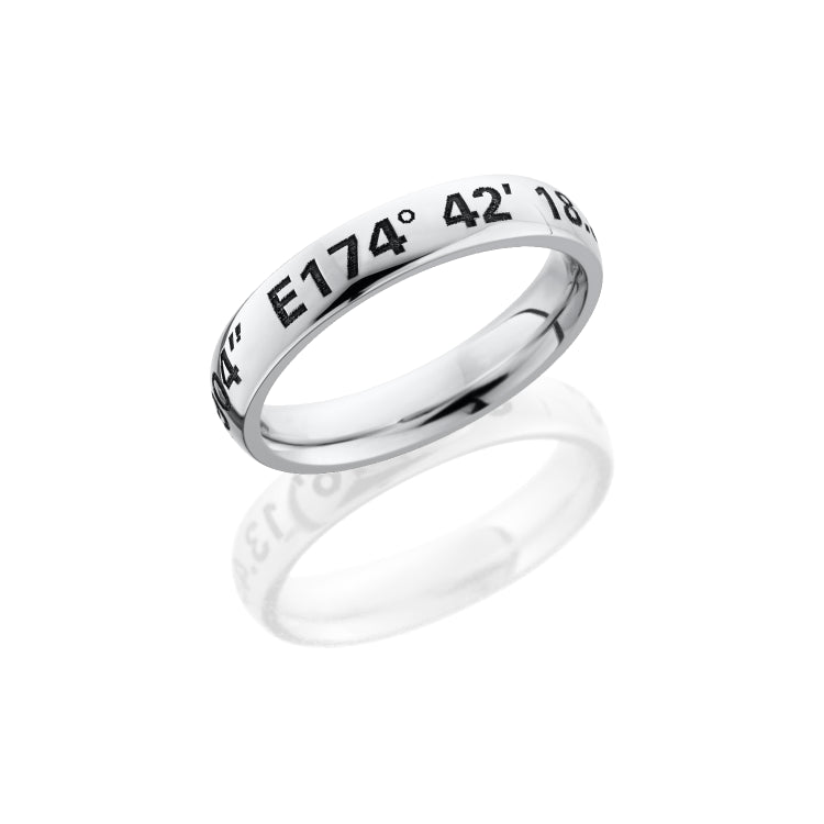 Cobalt Chrome 4mm domed band with customized laser carved coordinants