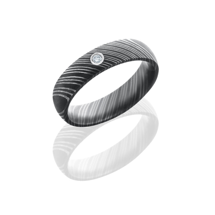 Damascus Steel 5mm Domed Band with Bezel Set .03ct White Round Diamond