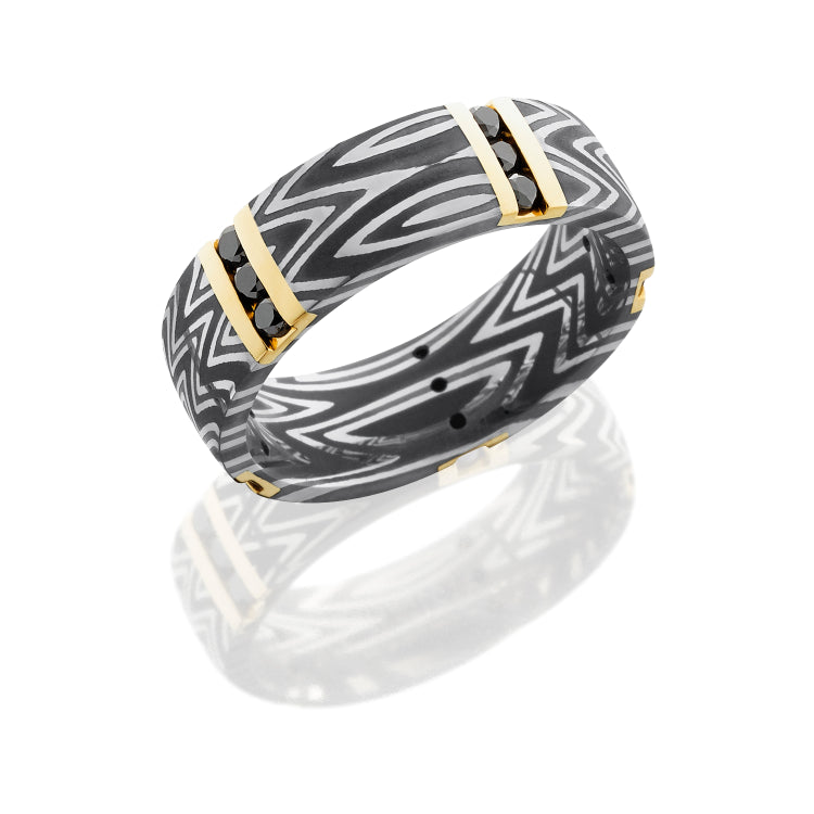Zebra Patterned Damascus Steel 8mm Concave Band with Beveled Edges