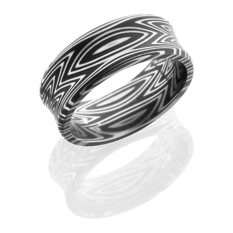 Zebra Patterned Damascus Steel 8mm Concave Band with Beveled Edges