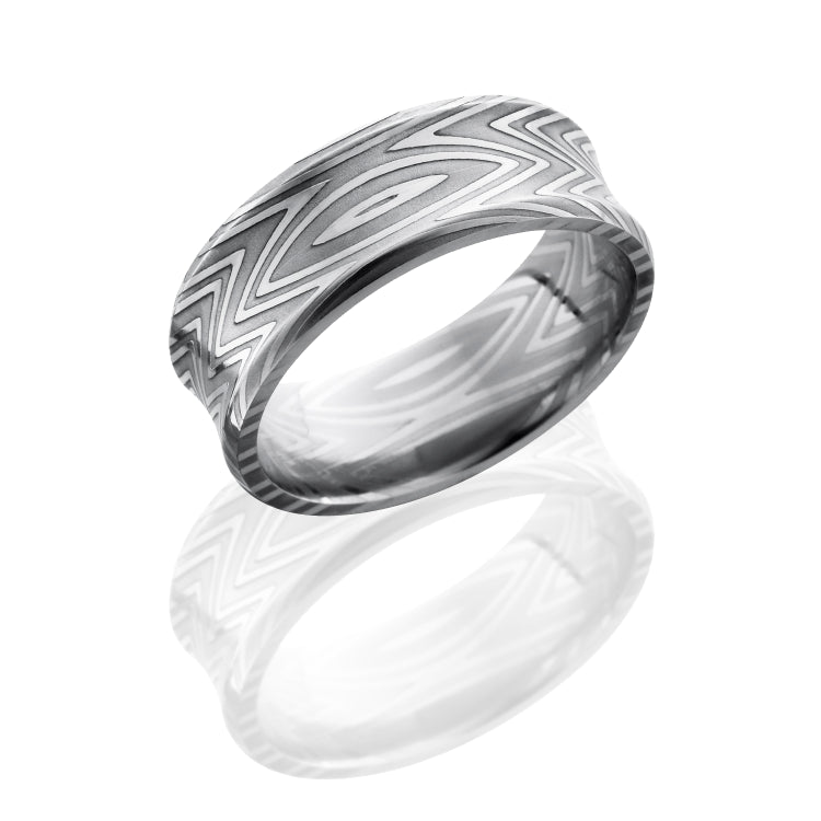 Zebra Patterned Damascus Steel 8mm Concave Band with Beveled Edges