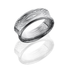 Zebra Patterned Damascus Steel 8mm Concave Band with Beveled Edges