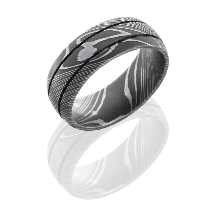 Damascus Steel 8mm Domed Band with Two .5mm Grooves