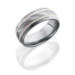 Damascus Steel 8mm Domed Band with 2mm Milgrained SS