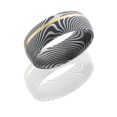 Damascus Steel 8mm Domed Band with 1mm Off-Center 14K Yellow Gold inlay in Flattwist Pattern