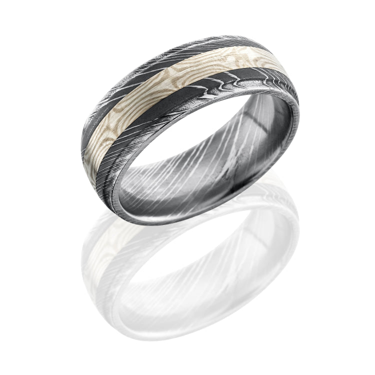 Damascus Steel 8mm Band with 3mm Sterling Silver and Palladium White Gold Mokume