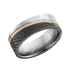 Damascus Steel 8mm Domed Band with 1mm 14KR