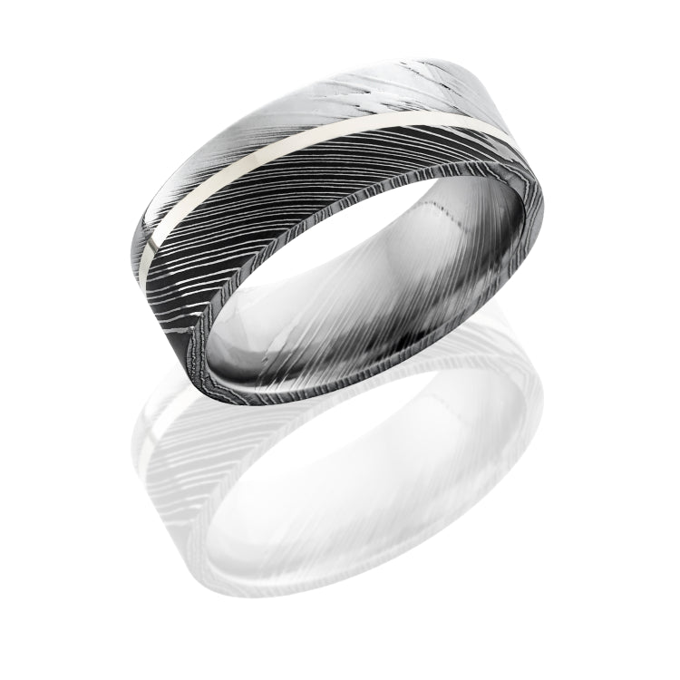 Damascus Steel 8mm Flat Band with 1mm Angle-Set Sterling Silver inlay