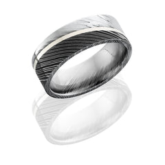Damascus Steel 8mm Flat Band with 1mm Angle-Set Sterling Silver inlay