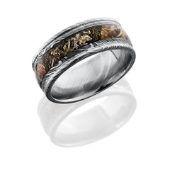 Damascus Steel 9mm domed band with rounded edges and 4mm Kings Mountain Camo