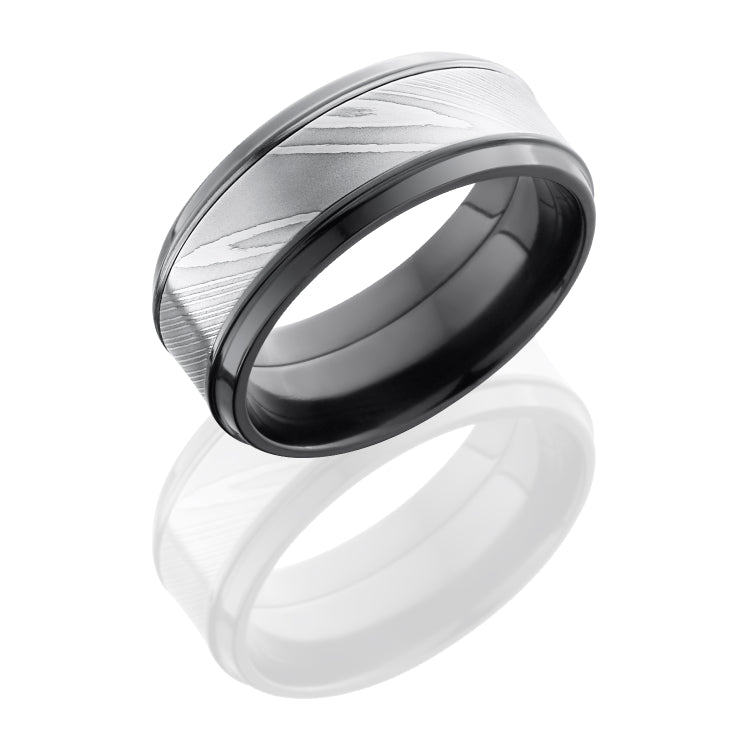 Zirconium 9mm Flat Band with Beveled Edges and 5mm Damascus Steel inlay