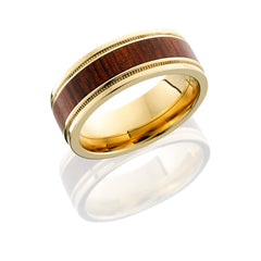 18K yellow gold flat band with grooved reverse-milgrained edges and a Mexican Cocobollo hardwood inlay.