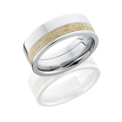 Cobalt Chrome 9 mm flat band with a natural Box Elder burl wood inlay off-centered.