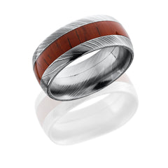 Damascus Steel 9 mm domed band with natural African Padauk wood inlay.