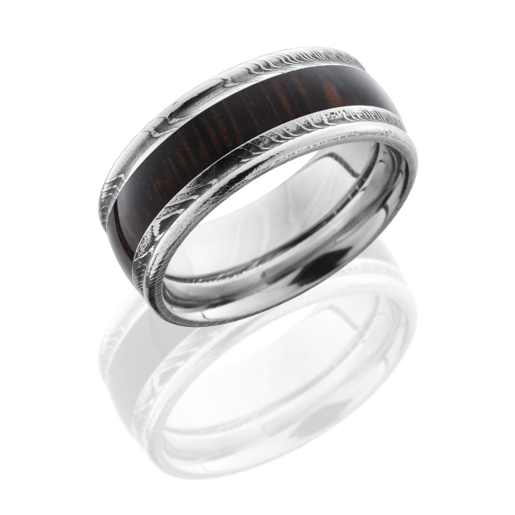 Damascus Steel 9 mm domed band with rounded edges and a beautiful wenge wood inlay.