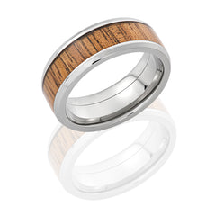 Titanium 8mm band with beveled edges and Koa hardwood.