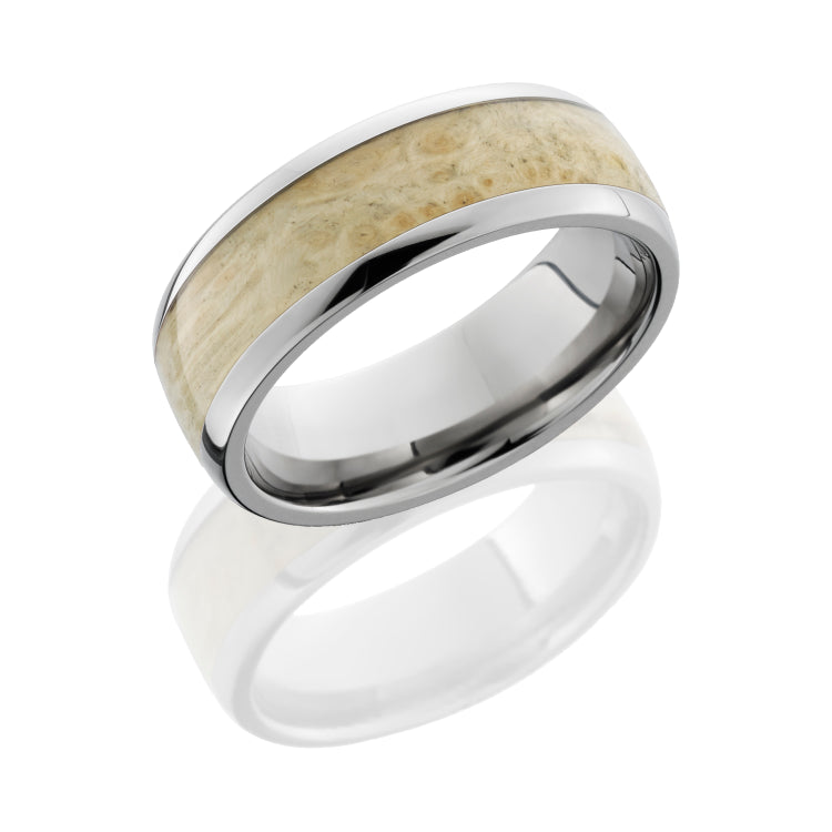 Titanium 8 mm domed band with natural Box Elder burl wood inlay.