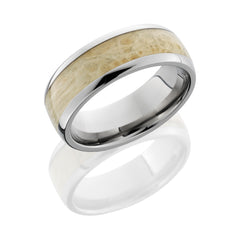 Titanium 8 mm domed band with natural Box Elder burl wood inlay.