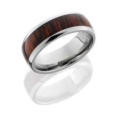 Titanium 8 mm domed band with natural Mexican Cocobolo burl wood inlay.