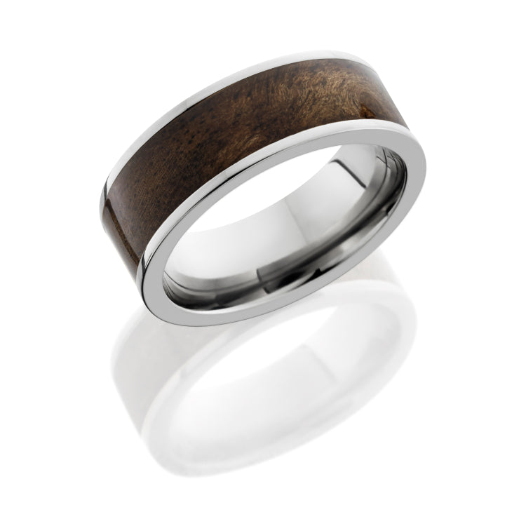 Titanium 8 mm flat band with Canxan Negro burl wood inlay. 