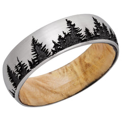 Cobalt Chrome 7mm Domed band with Laser Carved Tree Pattern and Boxelder Burl Hardwood sleeve.