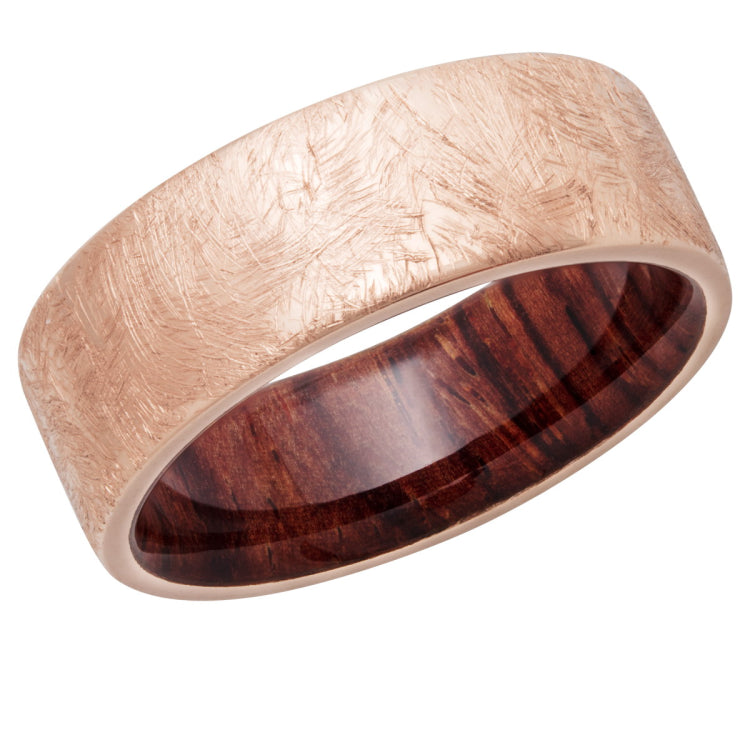 14K Rose Gold 8mm Flat Rounded band with Natcoco Hardwood sleeve.