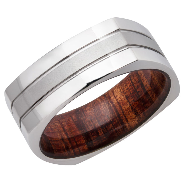 Cobalt Chrome 8mm EuroSquare Band with Two .5mm Grooves and Koa Hardwood sleeve.