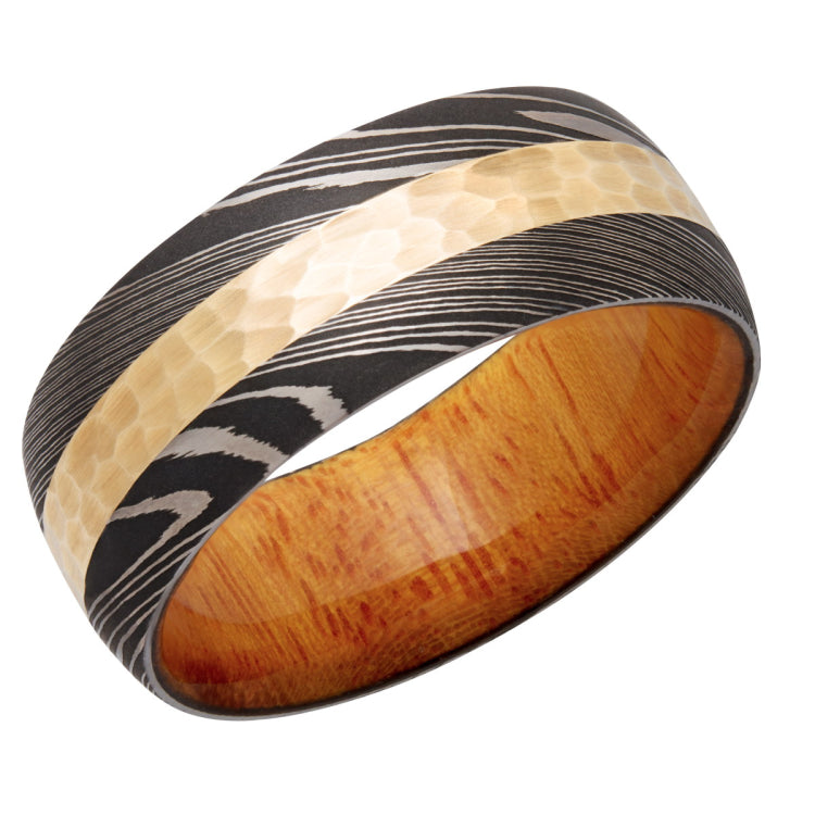 Damascus Steel 9mm Domed Band with 3mm 14K Yellow Gold inlay and Osage Orange Hardwood sleeve.