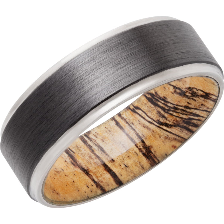 Zirconium 8mm Band with Grooved Edges and Spalted Tamarind Hardwood sleeve.