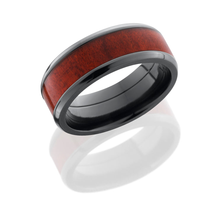 Zirconium 8 mm beveled band with Honduras Redheart wood inlay.
