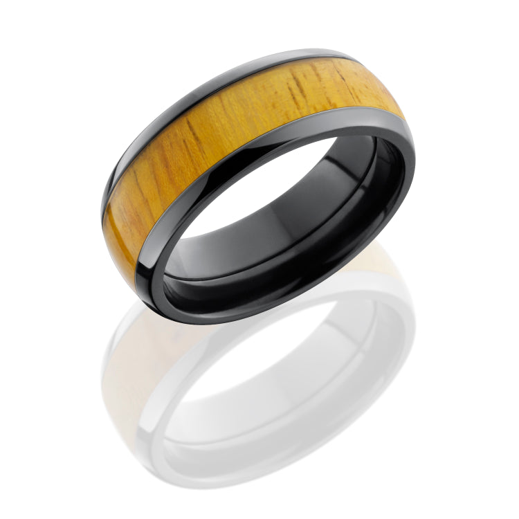 Zirconium 8 mm domed band with natural Osage Orange wood inlay.
