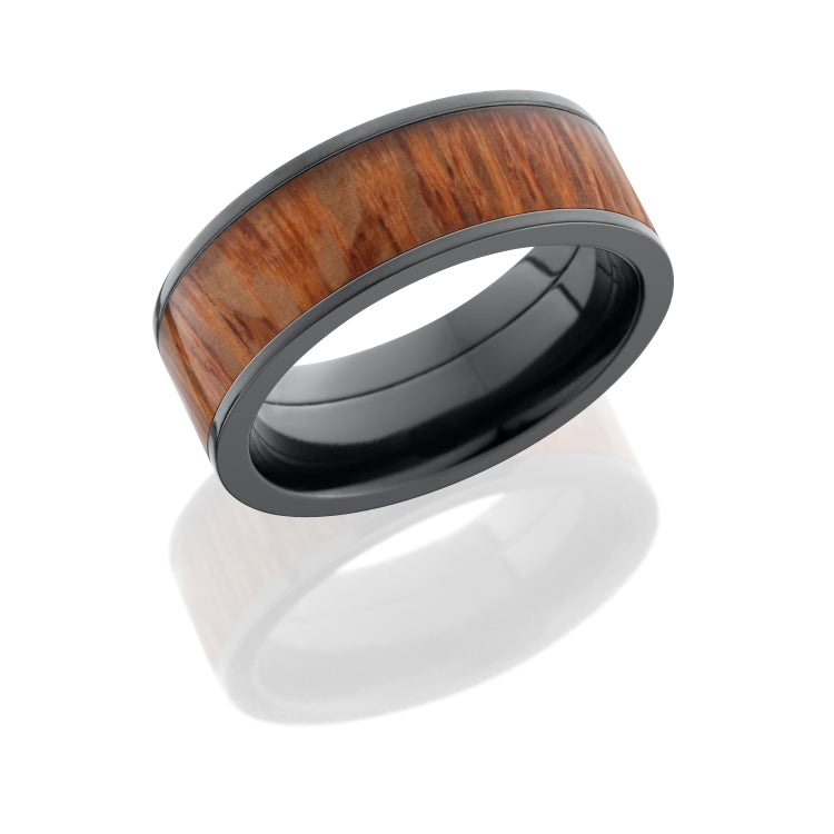 Zirconium 8 mm flat band with natural Leopard wood inlay.