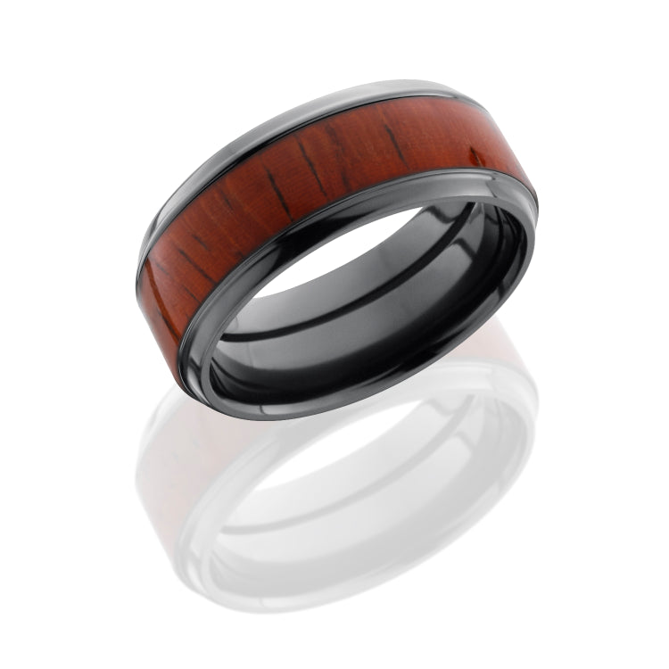Zirconium 9mm Flat Band with Beveled Edges and 5mm Padauk Wood inlay