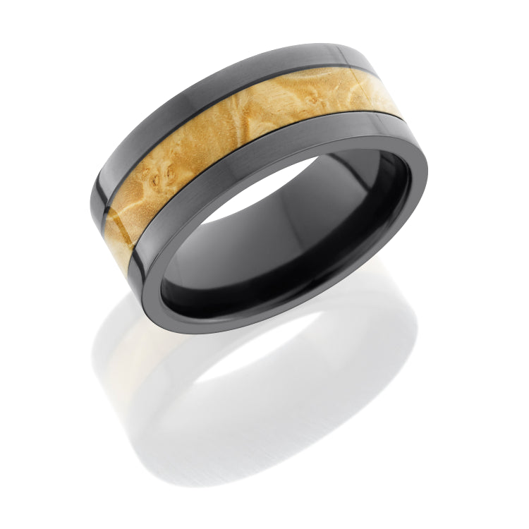 Zirconium 8mm Flat Band with 4mm Box Elder Burl Wood inlay