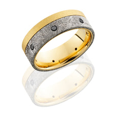 18K Yellow Gold 8mm Flat Band with 5mm Off-Center Meteorite inlay and Seven .04ct Black Diamonds - TCW .28