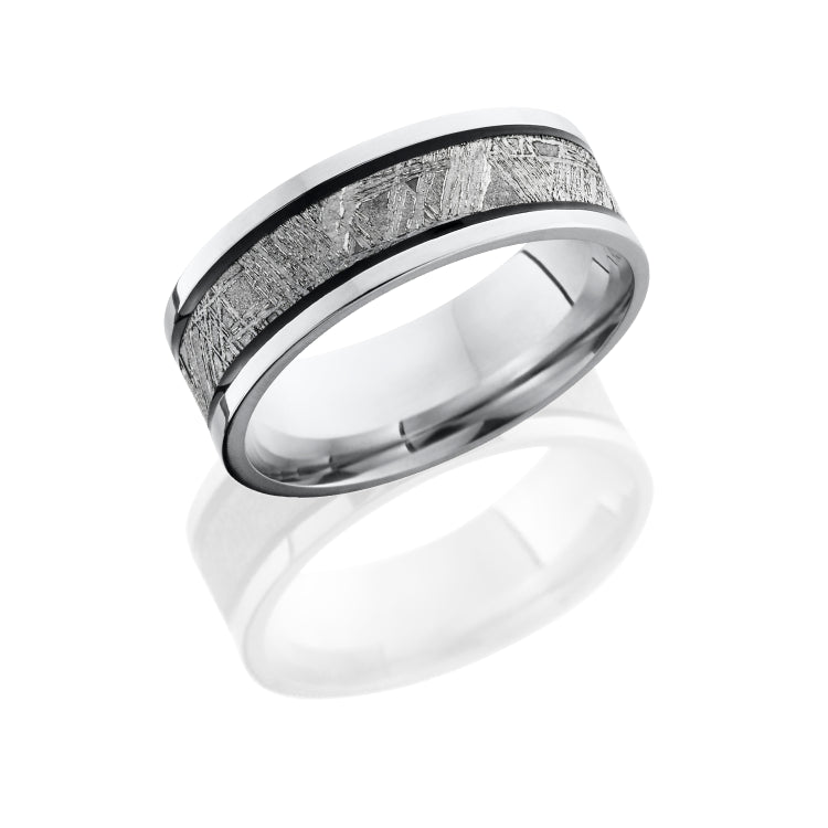 Cobalt Chrome 7.5mm Flat Band with 4mm Meteorite inlay and Two Antiqued Grooves